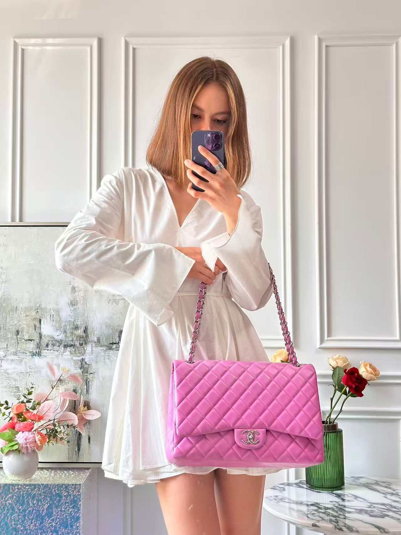 Chanel Timeless Classic Flap Bag Maxi Lilac Purple with Silver Hardware