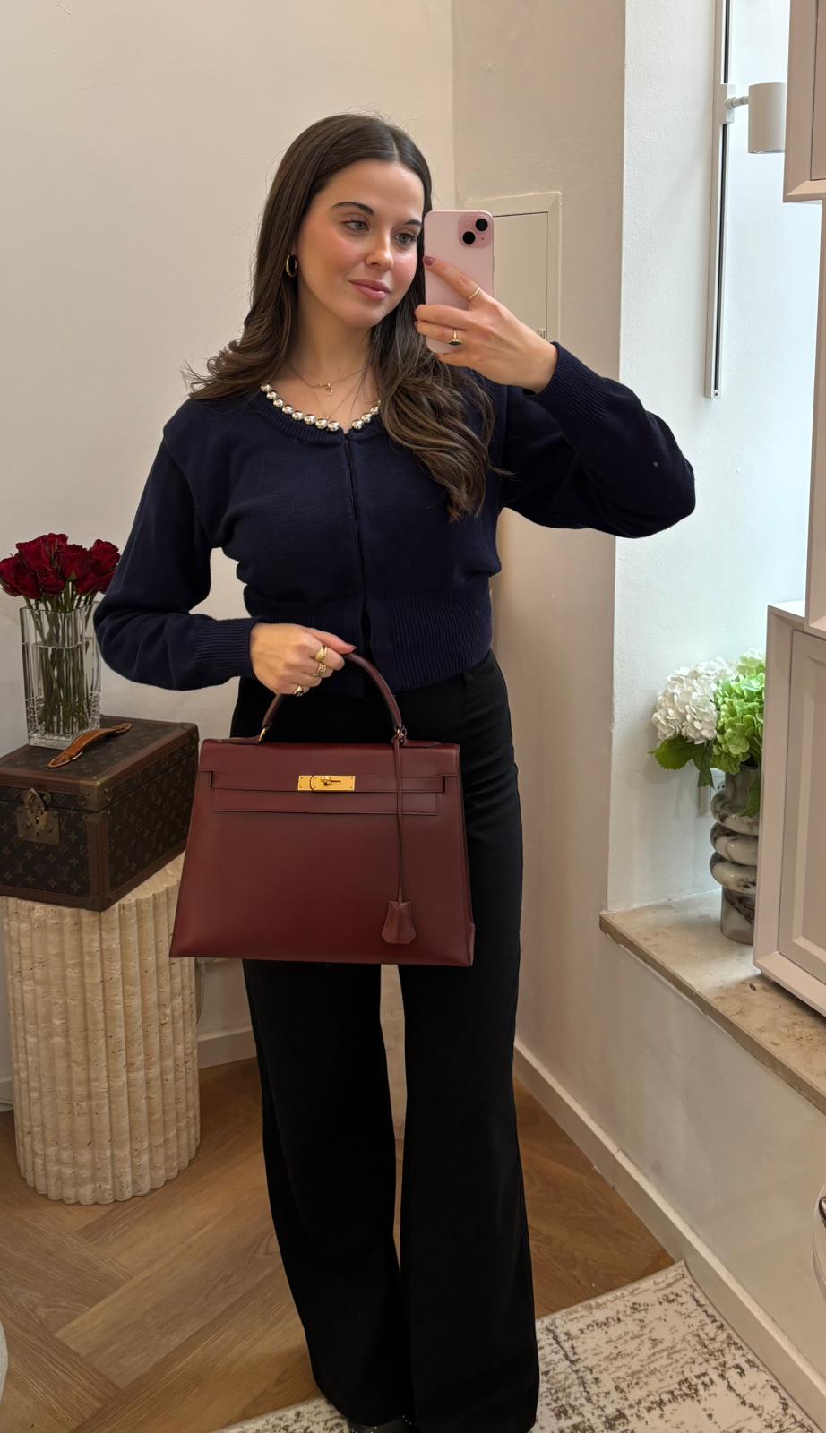 Hermes Vintgae Kelly 32 Burgundy Red Box Leather 1985