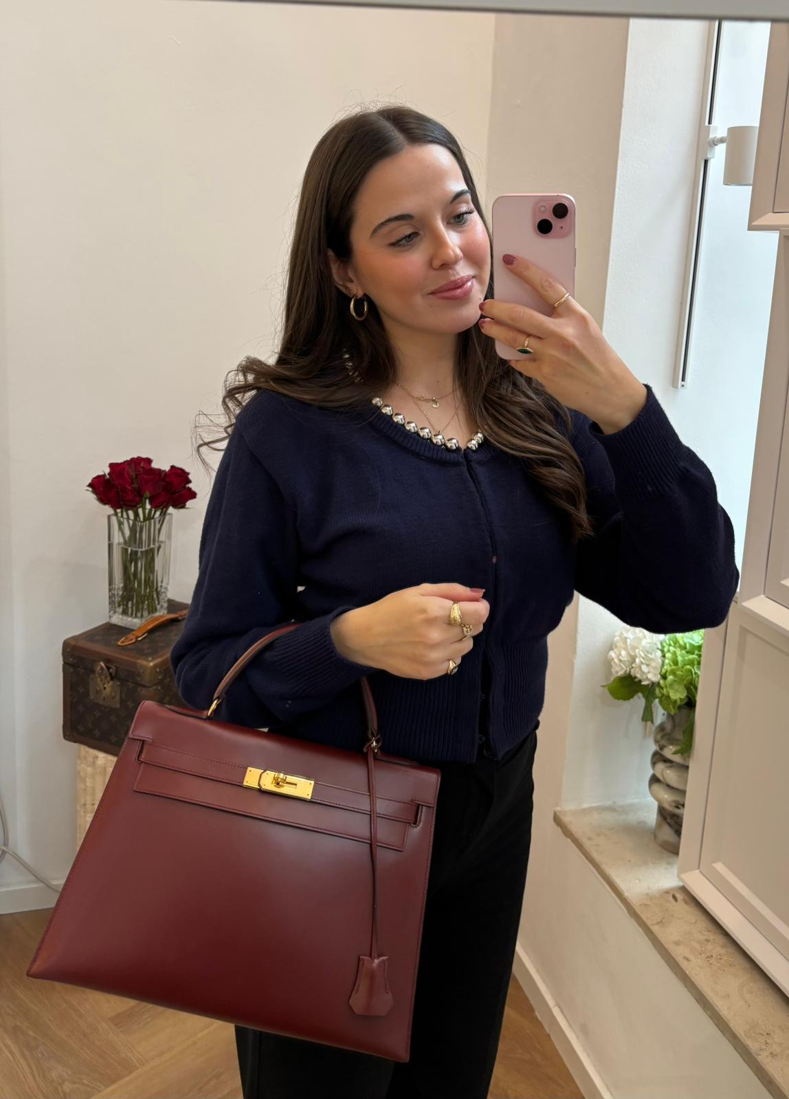 Hermes Vintgae Kelly 32 Burgundy Red Box Leather 1985