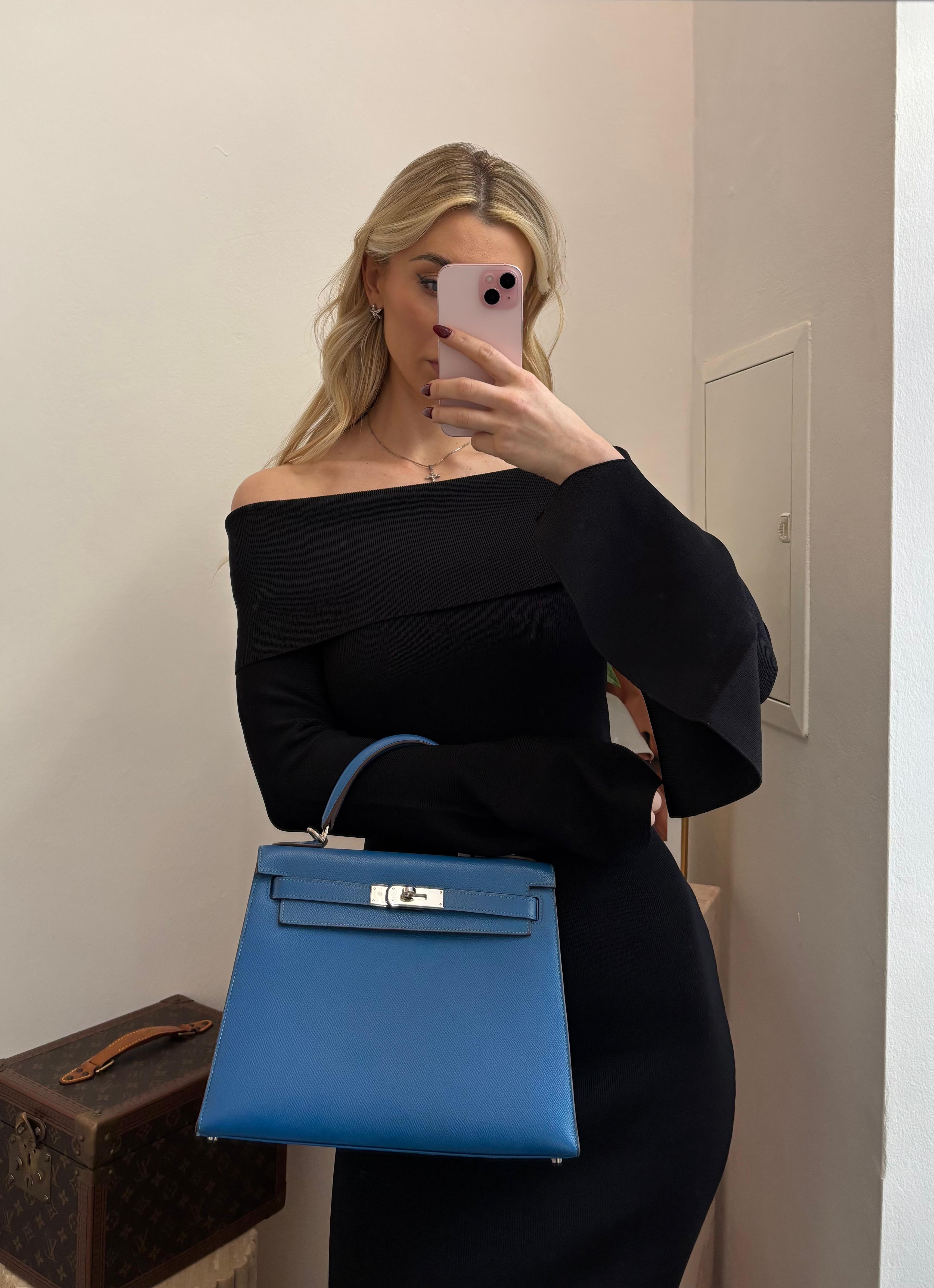 Hermes Kelly 28cm Sellier Bag In Blue Epsom Leather With Silver Hardware