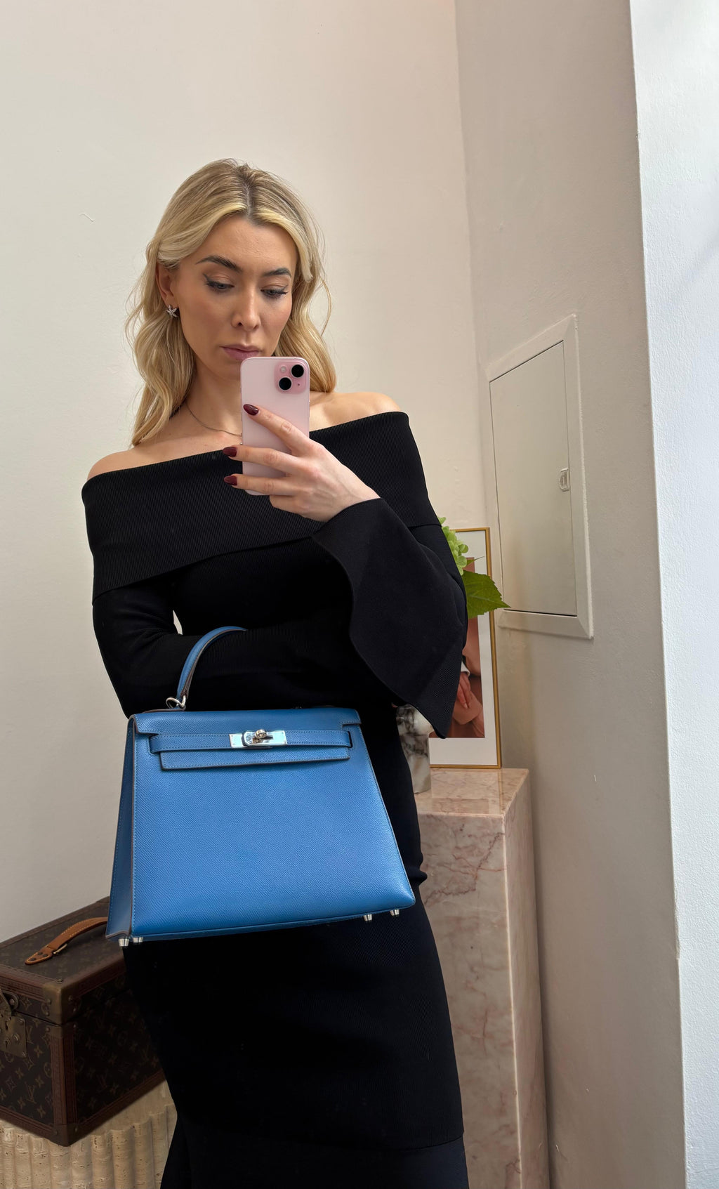 Hermes Kelly 28cm Sellier Bag In Blue Epsom Leather With Silver Hardware
