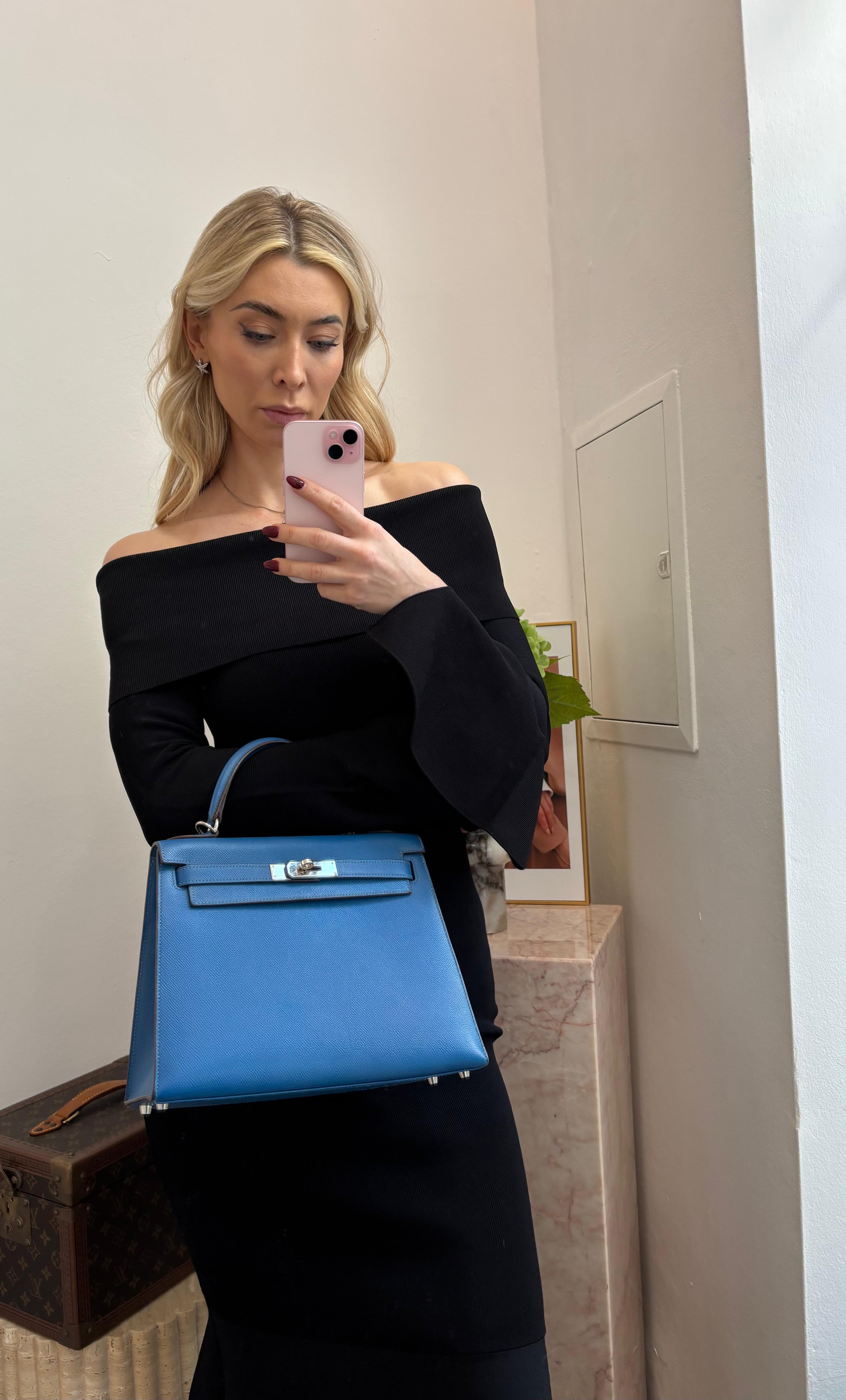 Hermes Kelly 28cm Sellier Bag In Blue Epsom Leather With Silver Hardware
