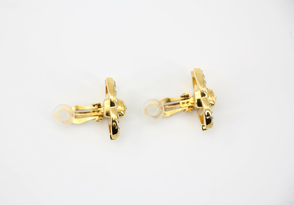 Chanel Vintage 96A Rhinestone & Gold-plated Backpack Buckle CC Clip-on Earrings
