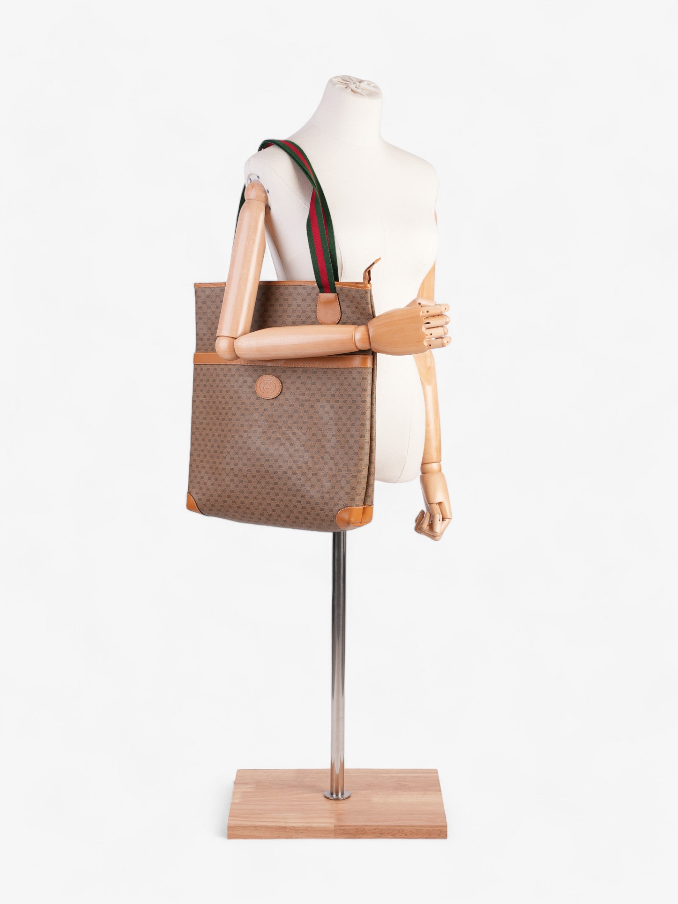 Gucci Vintage Supreme Tote Light Brown / Green And Red Web Coated Canvas