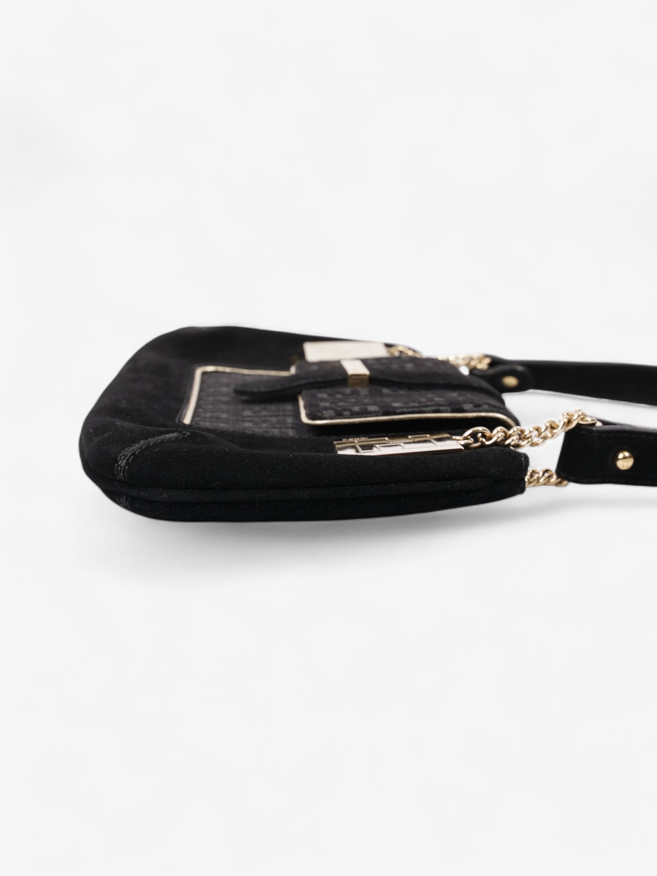 Fendi Zucchino Shoulder Bag Black / Light Gold Suede