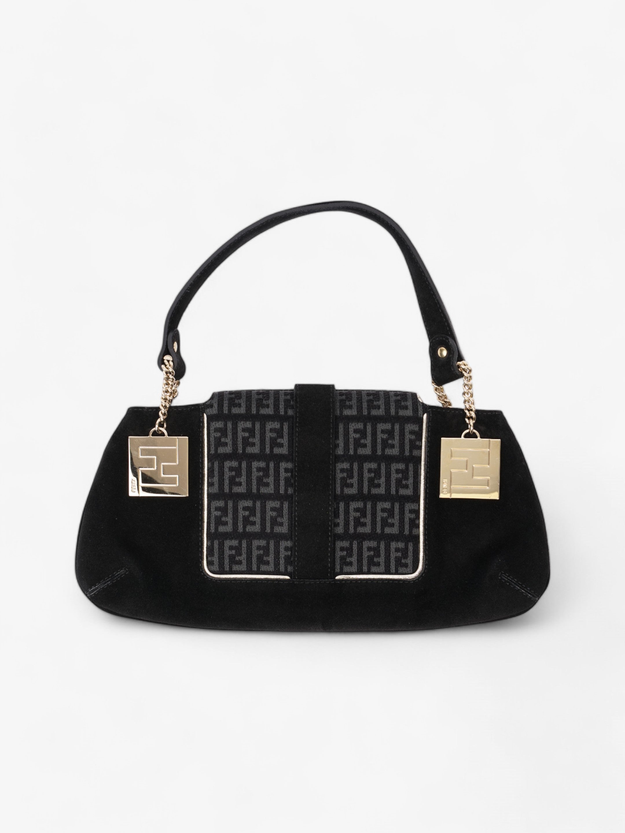 Fendi Zucchino Shoulder Bag Black / Light Gold Suede