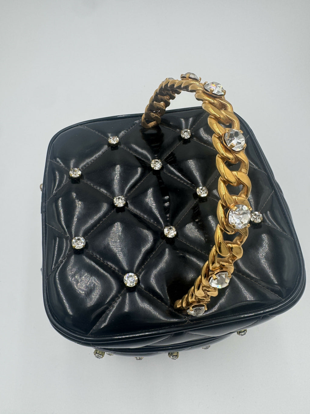 Chanel 1995 Vintage Barbie Black Rhinestone Heart-Mirror Vanity Case Bag