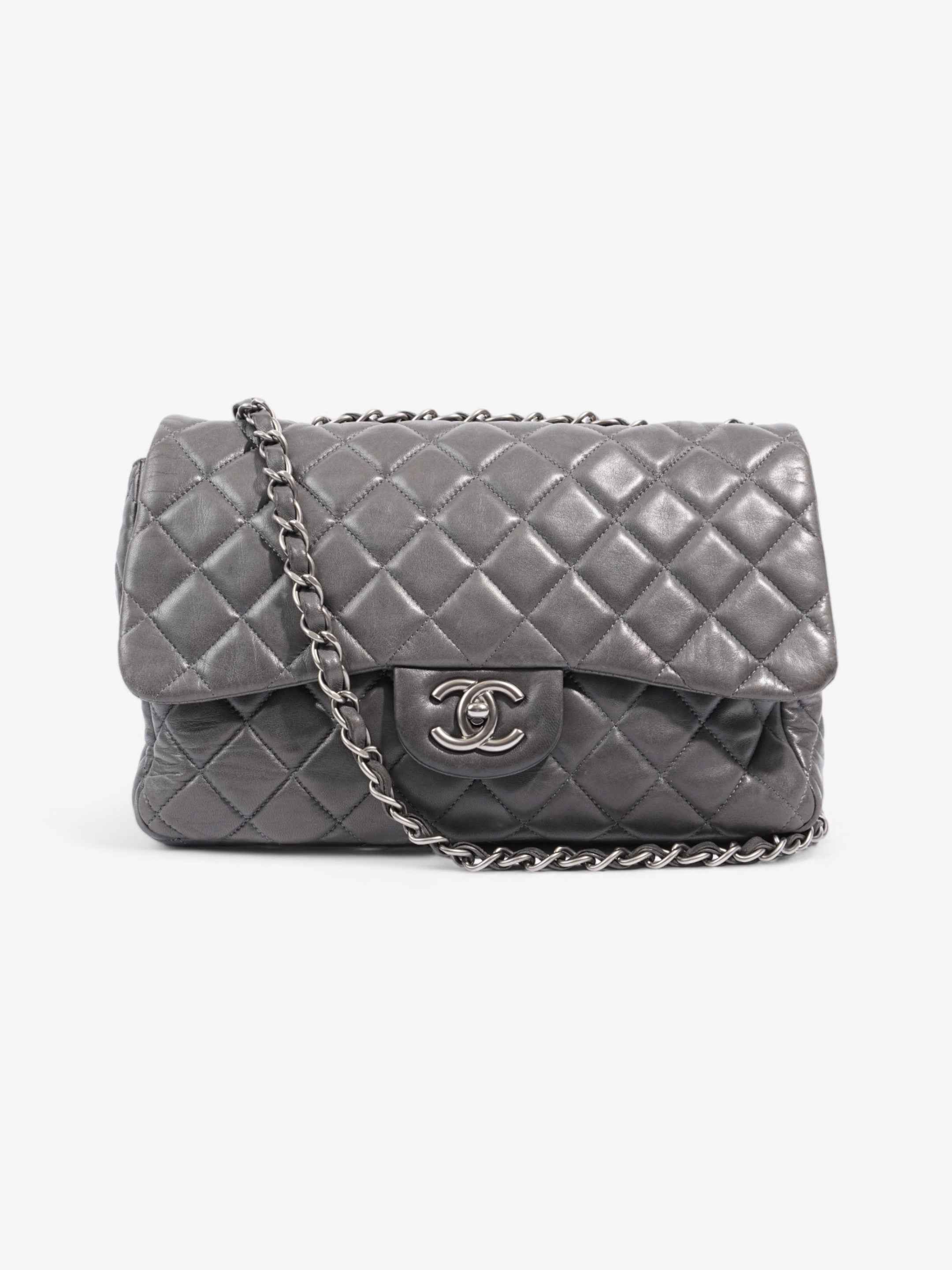 Chanel Classic Single Flap Grey Lambskin Leather Jumbo