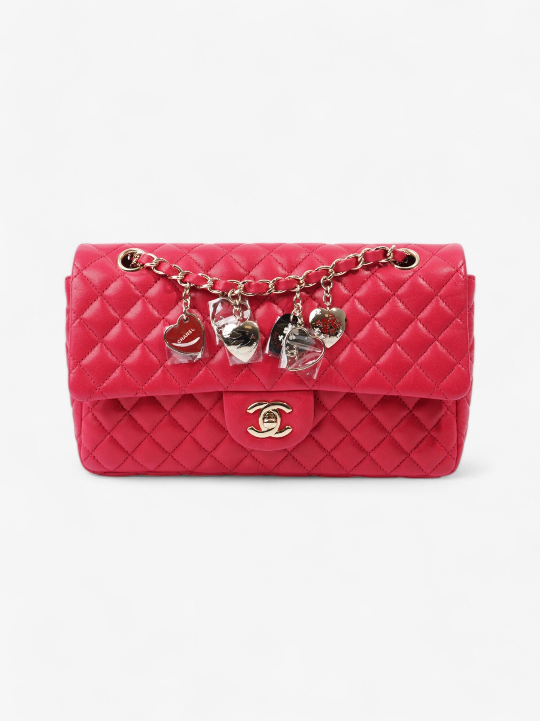 Chanel Classic Single Flap Bag with Valentines Hearts Raspberry Lambskin Leather