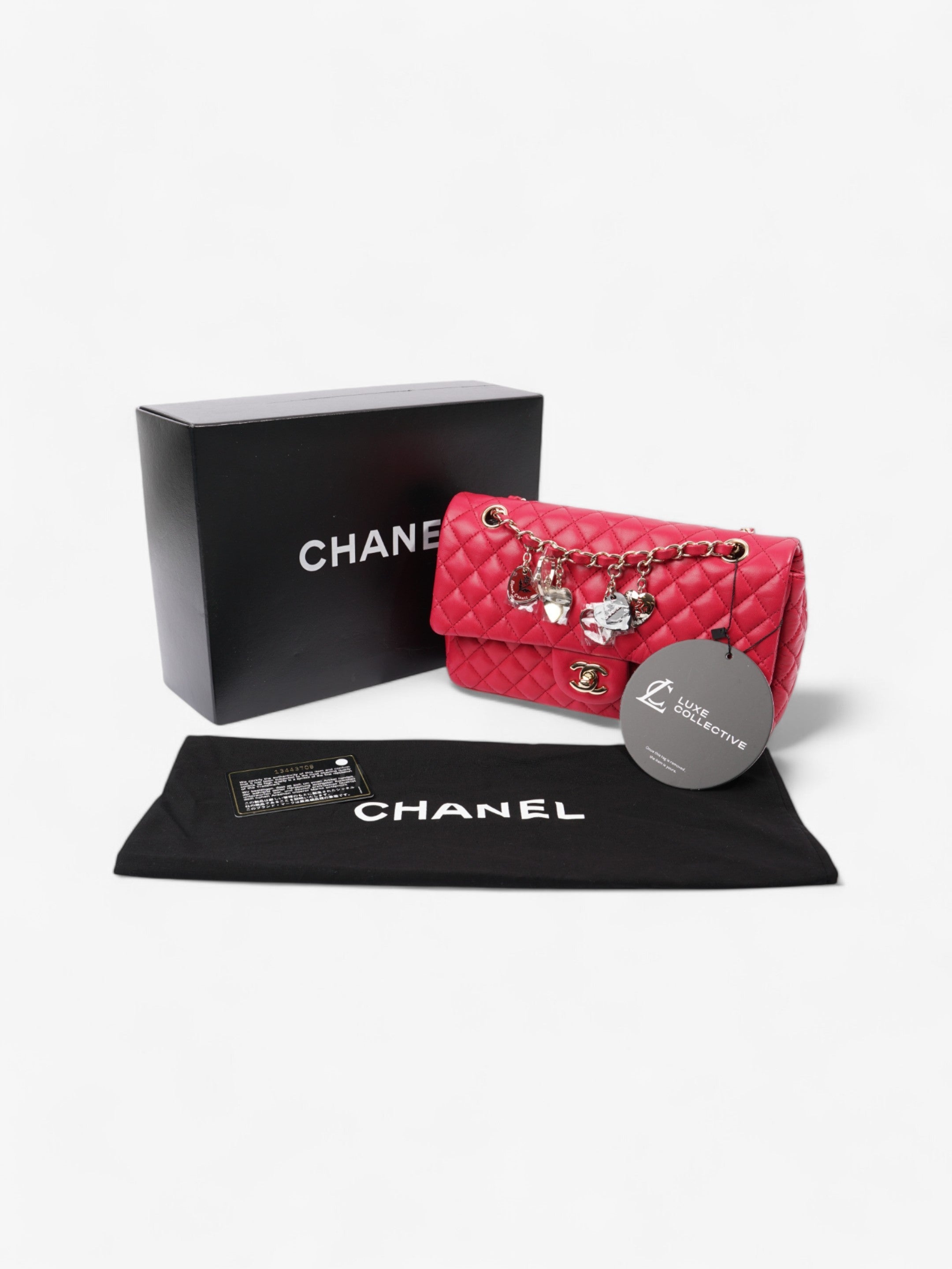Chanel Classic Single Flap Bag with Valentines Hearts Raspberry Lambskin Leather