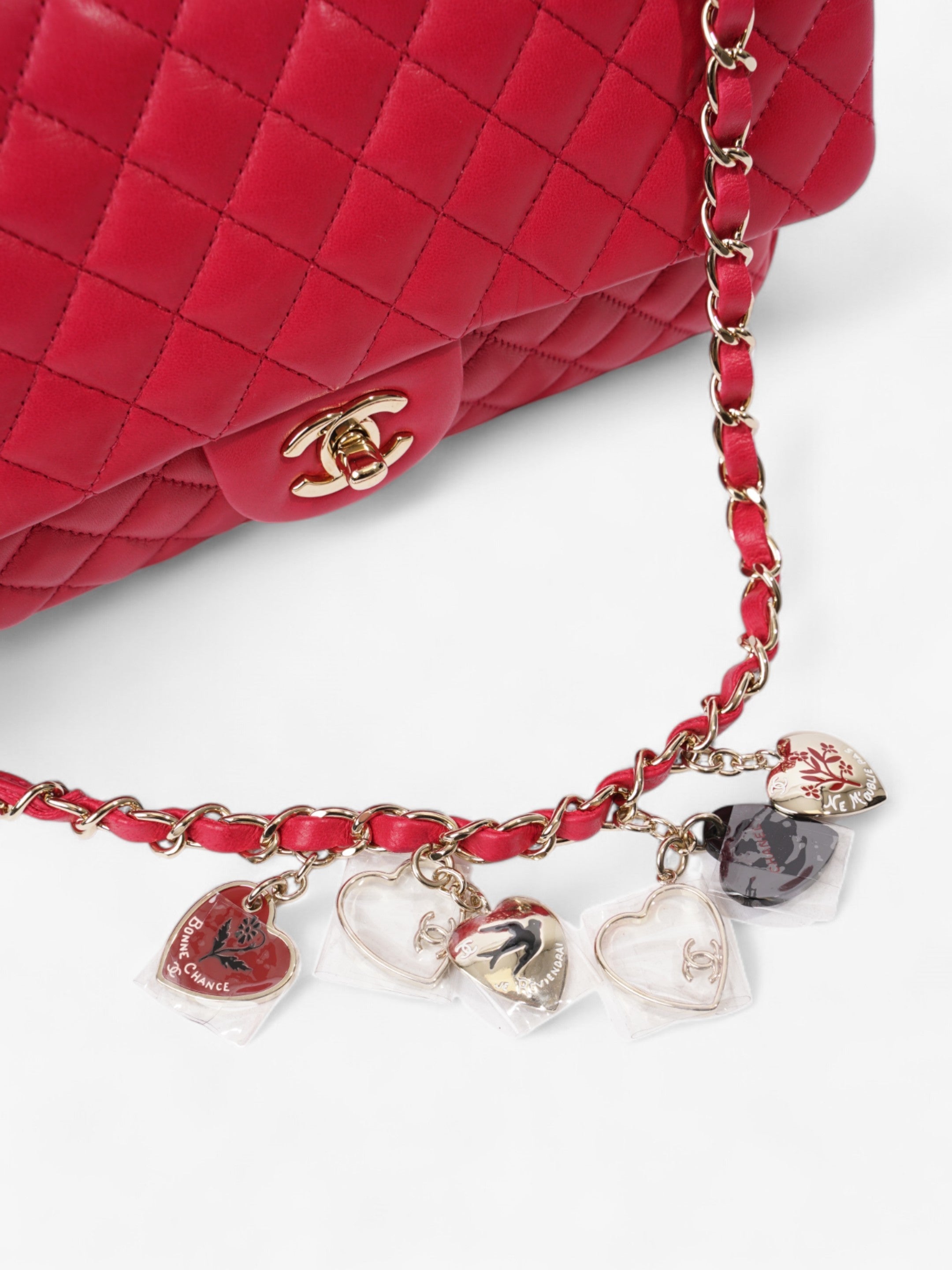 Chanel Classic Single Flap Bag with Valentines Hearts Raspberry Lambskin Leather