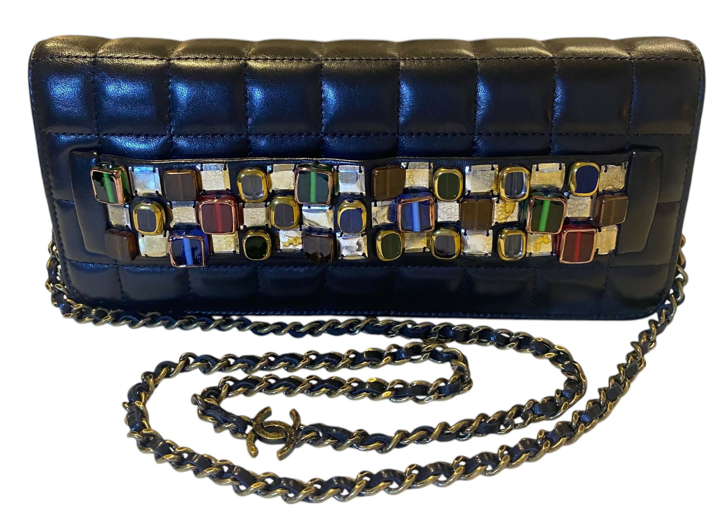 Chanel 11A Paris-Byzance Black Chocolate Bar Lambskin Leather Jeweled Clutch Minaudière Bag