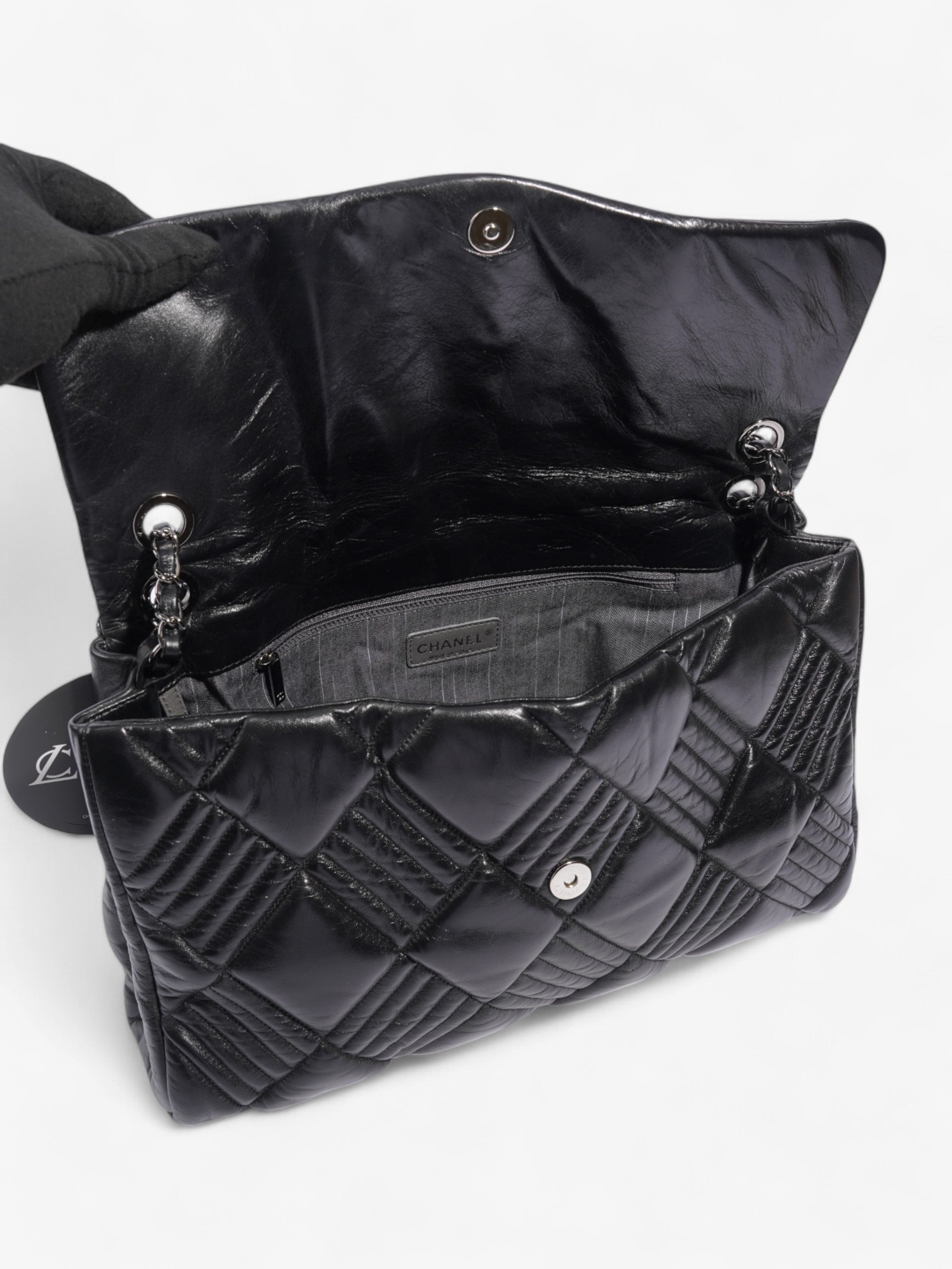 Chanel In and Out Flap Bag Black Lambskin Leather Maxi