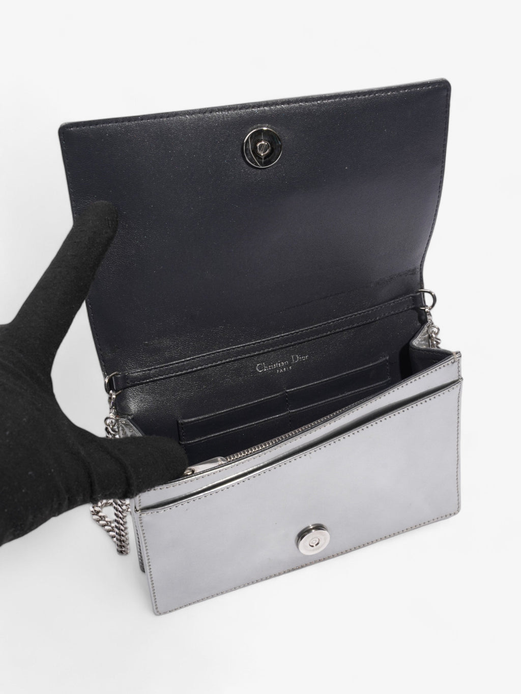 Christian Dior Diorama Wallet On Chain Silver Patent Leather