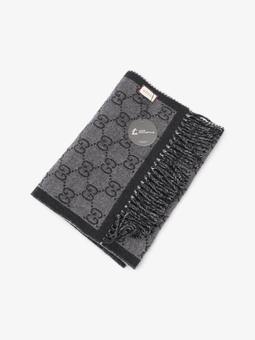 Gucci GG Jacquard Pattern Scarf with Tassels GG Supreme / Black / Grey Wool