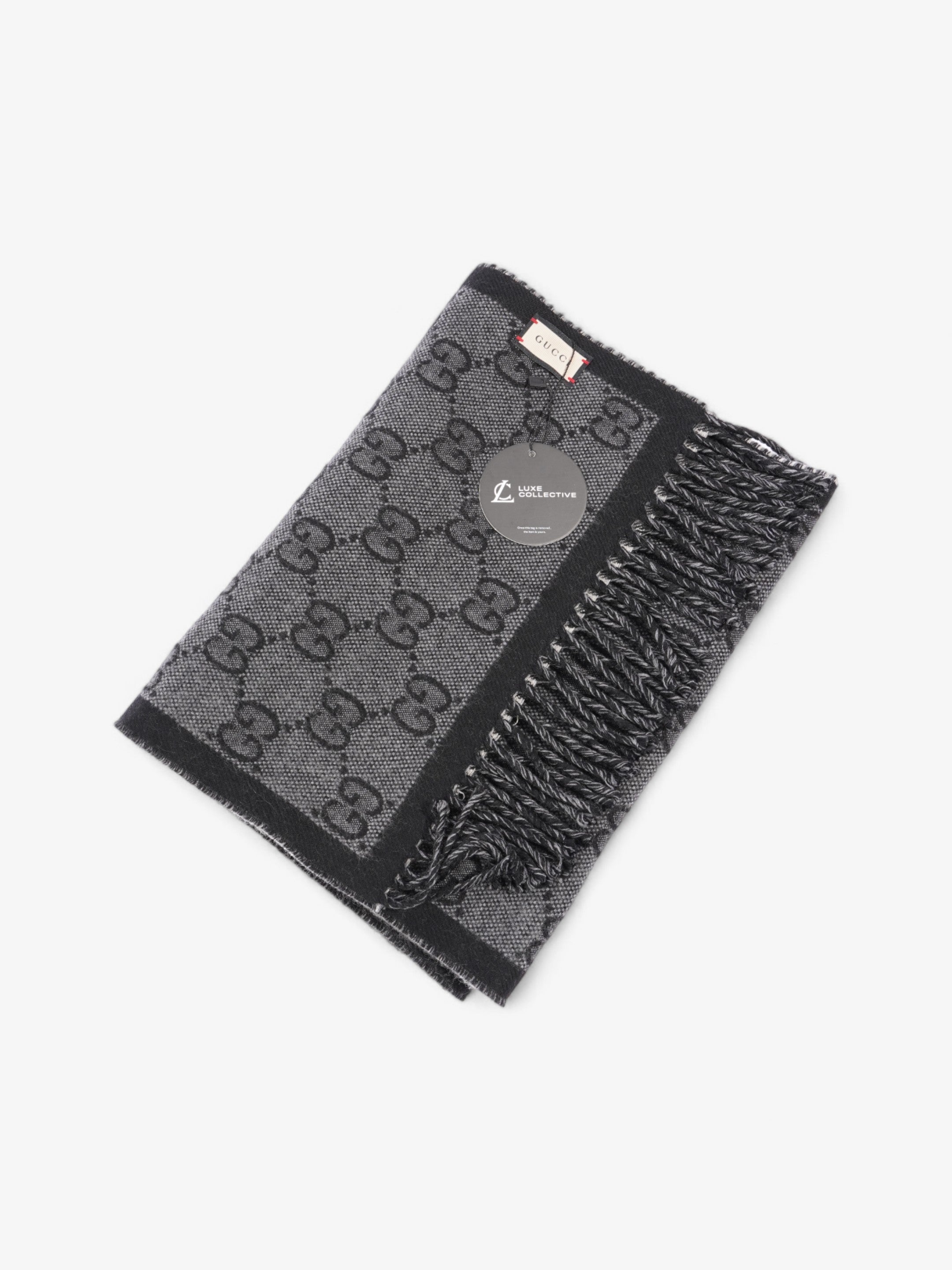Gucci GG Jacquard Pattern Scarf with Tassels GG Supreme / Black / Grey Wool