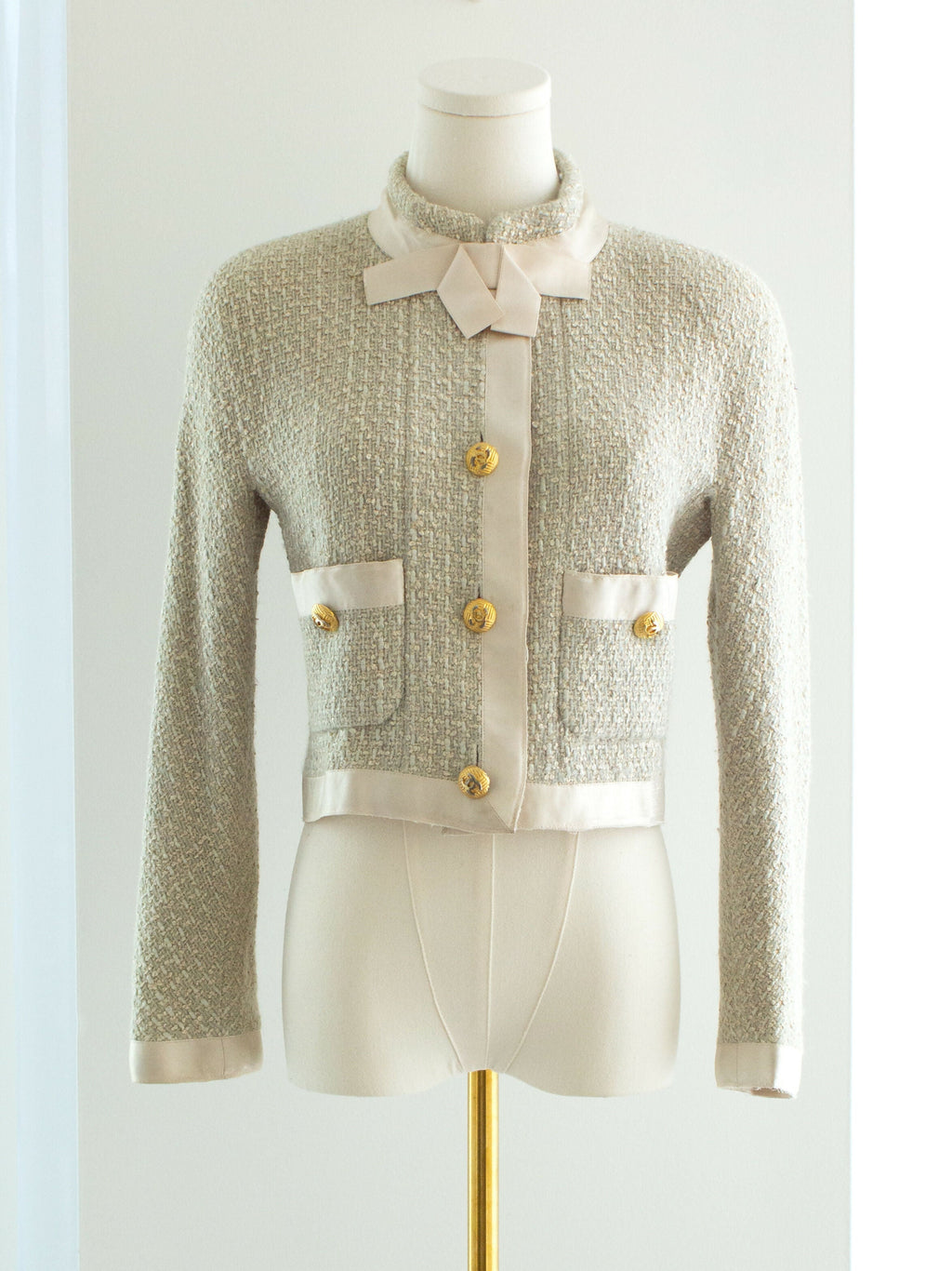 Chanel Vintage S/S1990 Seafood Green Cream Satin Bow Tweed Cropped Jacket