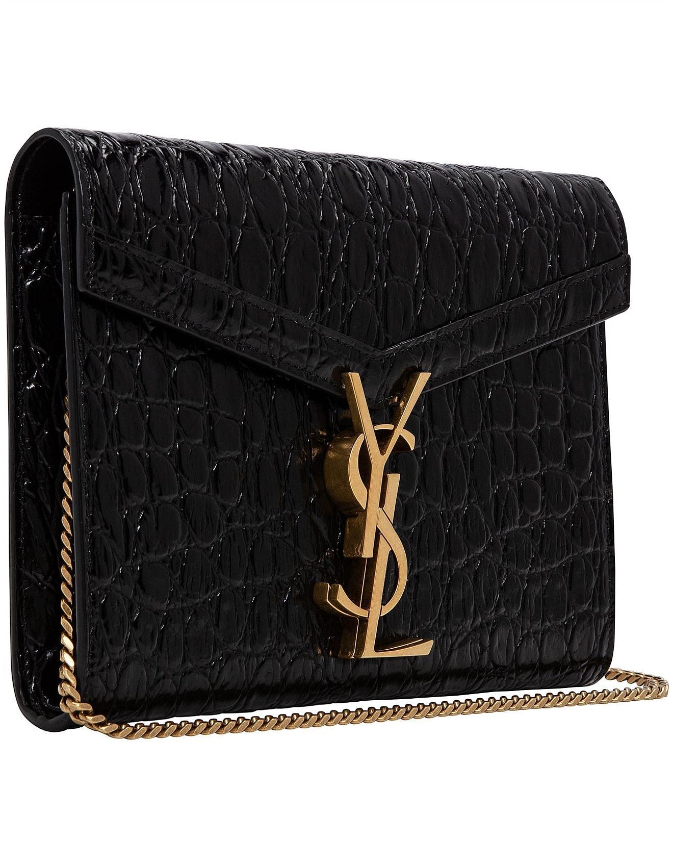 YSL CASSANDRA CALFSKIN LEATHER CROC EMBOSSED WALLET ON A CHAIN