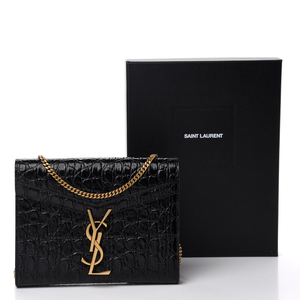 YSL CASSANDRA CALFSKIN LEATHER CROC EMBOSSED WALLET ON A CHAIN