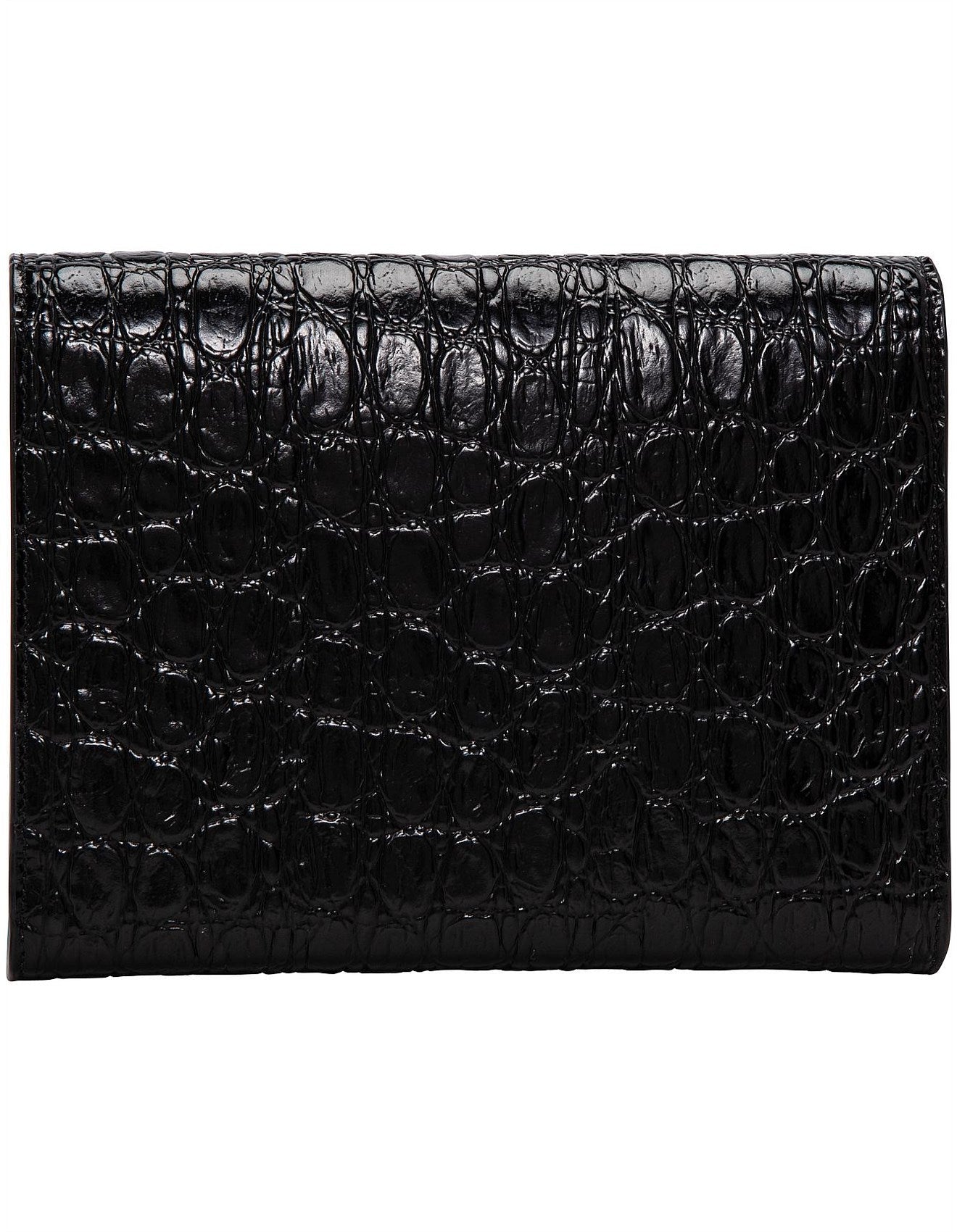 YSL CASSANDRA CALFSKIN LEATHER CROC EMBOSSED WALLET ON A CHAIN