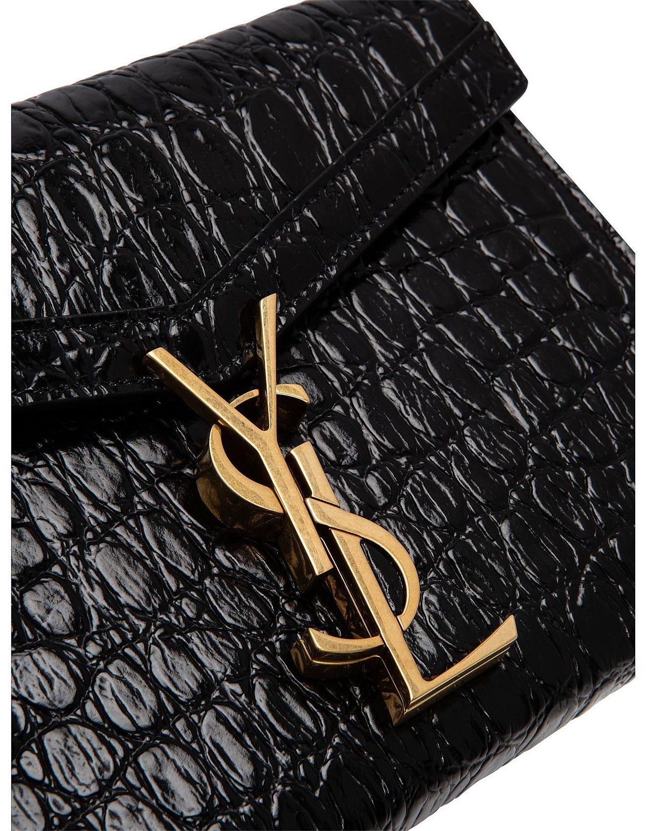 YSL CASSANDRA CALFSKIN LEATHER CROC EMBOSSED WALLET ON A CHAIN