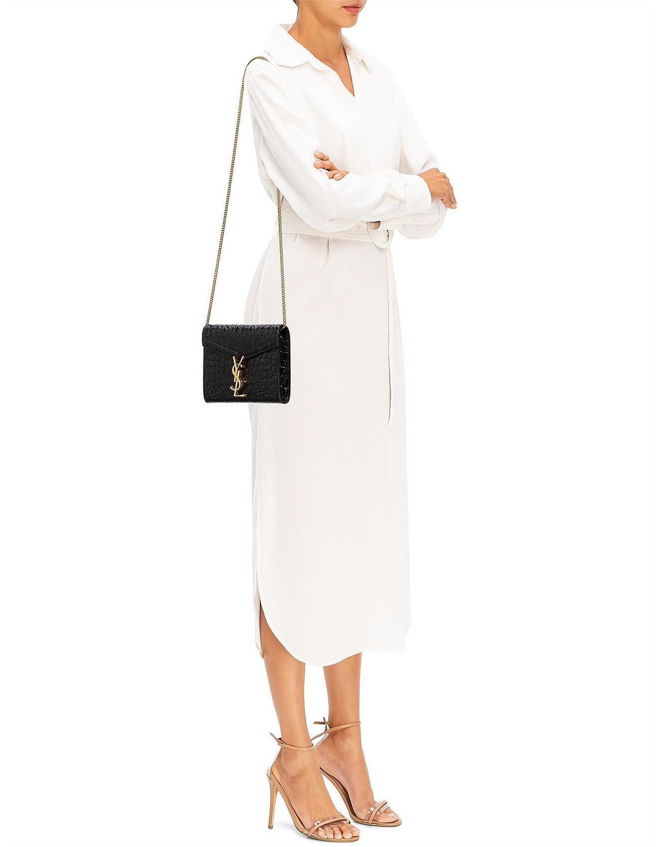 YSL CASSANDRA CALFSKIN LEATHER CROC EMBOSSED WALLET ON A CHAIN