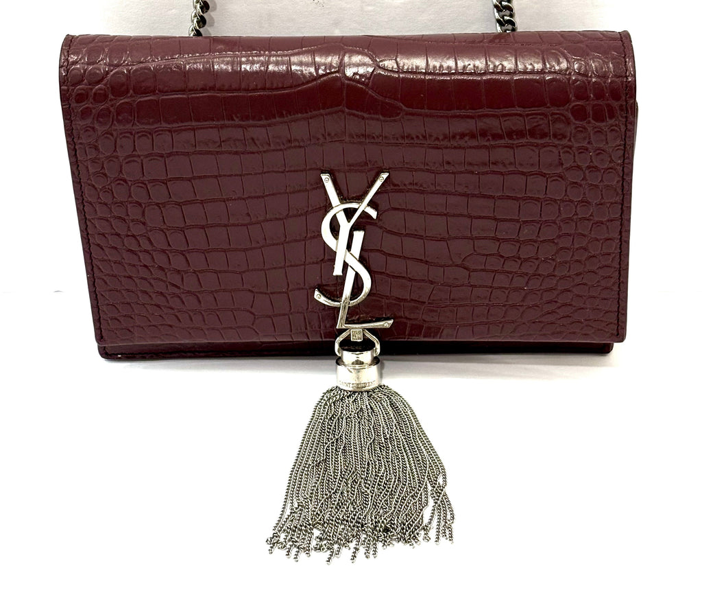 YSL CALFSKIN CROC EMBOSSED KATE MEDIUM TASSEL CHAIN BAG