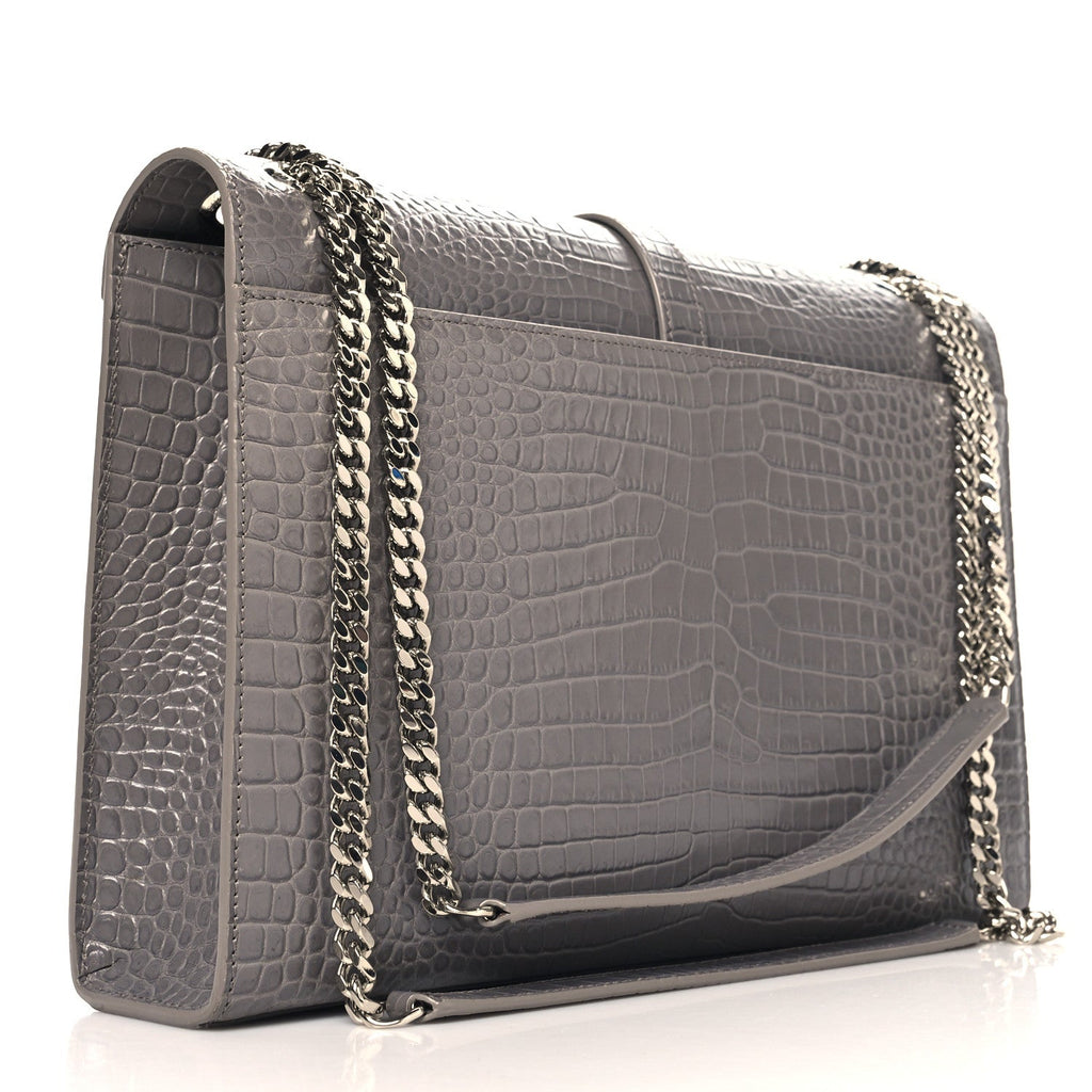 YSL CROC EMBOSSED LEATHER MONOGRAM LARGE SHOULDER BAG