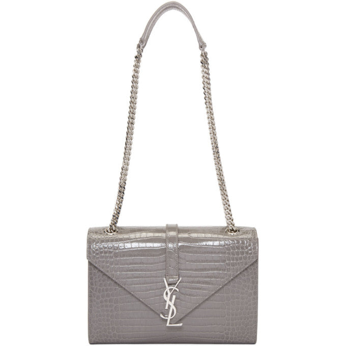 YSL CROC EMBOSSED LEATHER MONOGRAM LARGE SHOULDER BAG