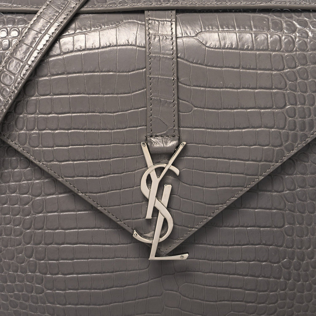 YSL CROC EMBOSSED LEATHER MONOGRAM LARGE SHOULDER BAG