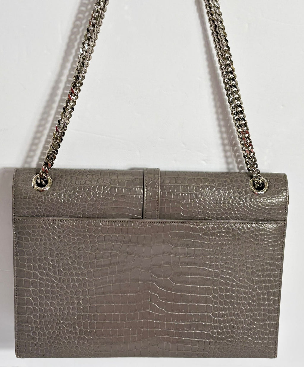 YSL CROC EMBOSSED LEATHER MONOGRAM LARGE SHOULDER BAG