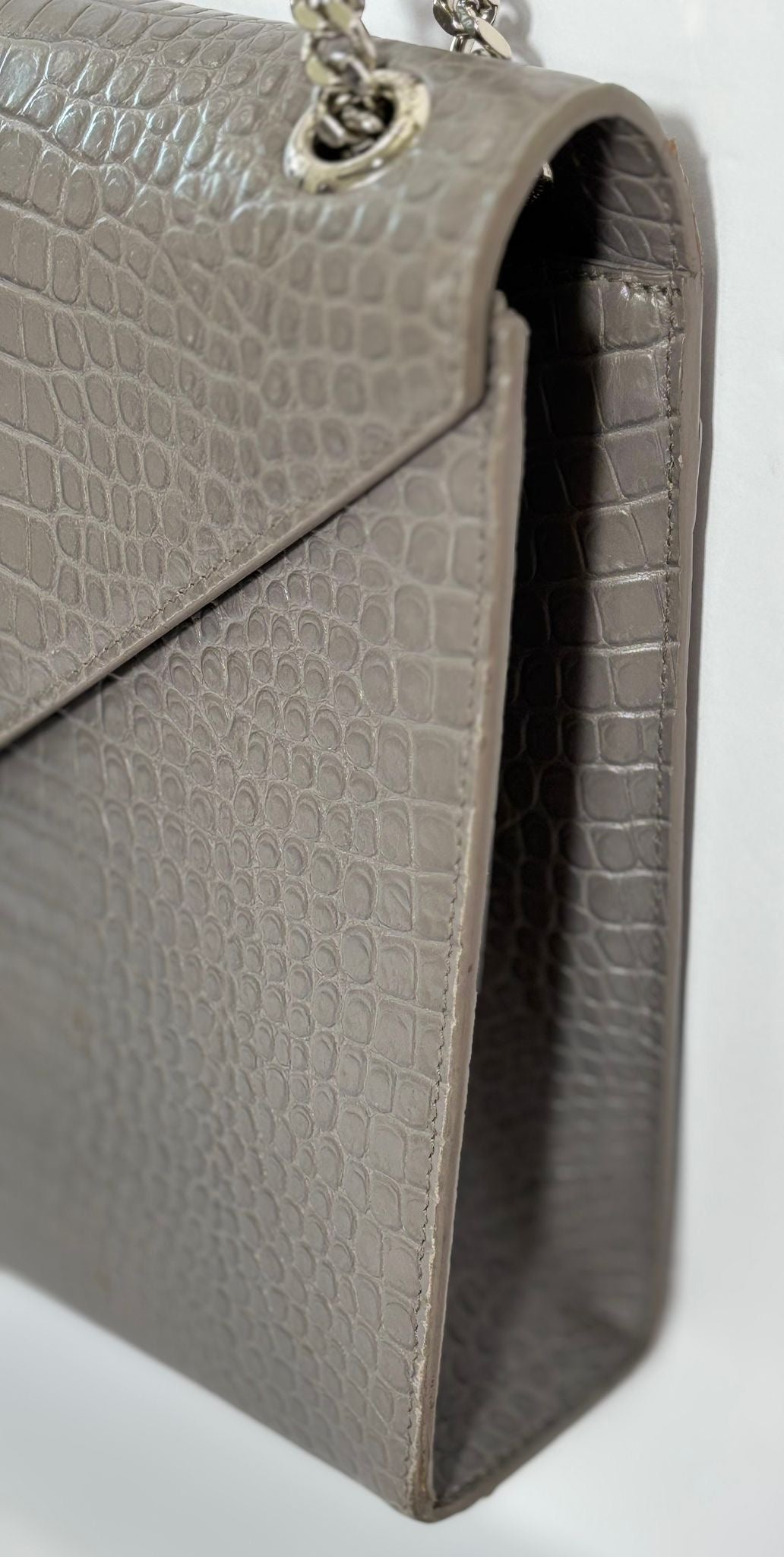 YSL CROC EMBOSSED LEATHER MONOGRAM LARGE SHOULDER BAG