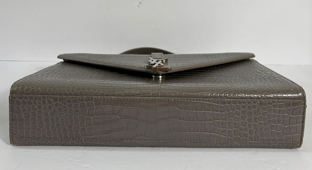 YSL CROC EMBOSSED LEATHER MONOGRAM LARGE SHOULDER BAG