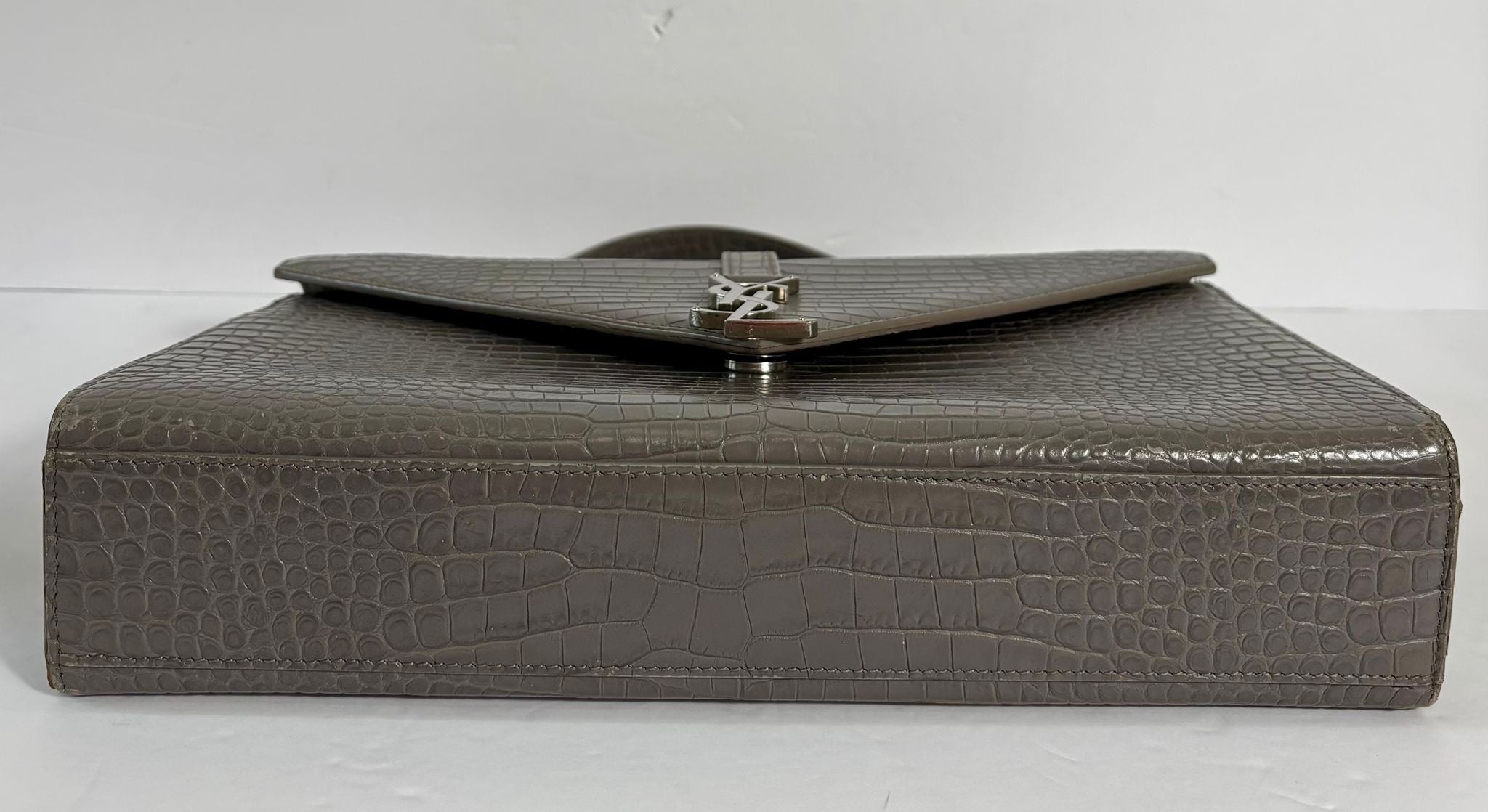 YSL CROC EMBOSSED LEATHER MONOGRAM LARGE SHOULDER BAG