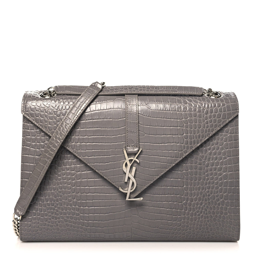 YSL CROC EMBOSSED LEATHER MONOGRAM LARGE SHOULDER BAG
