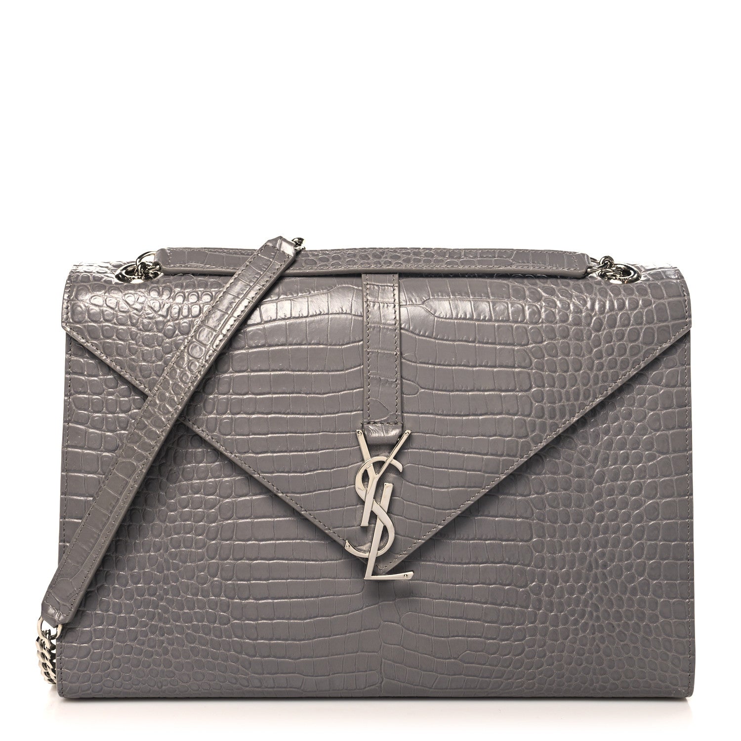 YSL CROC EMBOSSED LEATHER MONOGRAM LARGE SHOULDER BAG