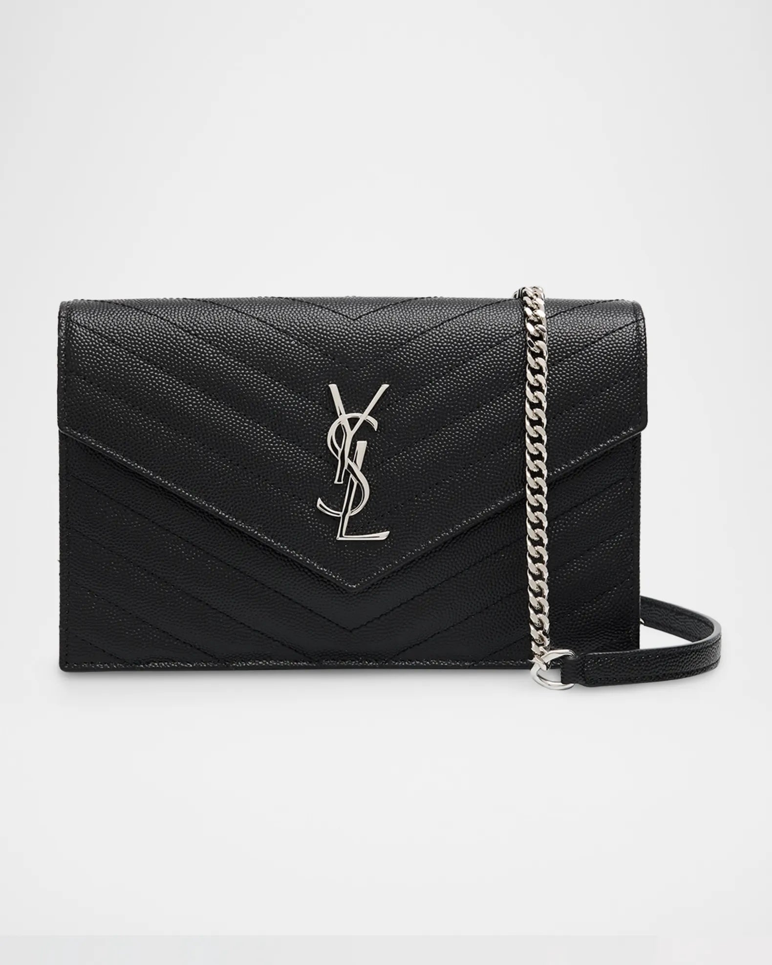 YSL GRAIN DE POUDRE CALFSKIN LEATHER MONOGRAM WALLET ON CHAIN