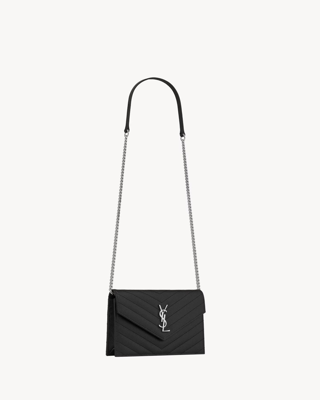 YSL GRAIN DE POUDRE CALFSKIN LEATHER MONOGRAM WALLET ON CHAIN