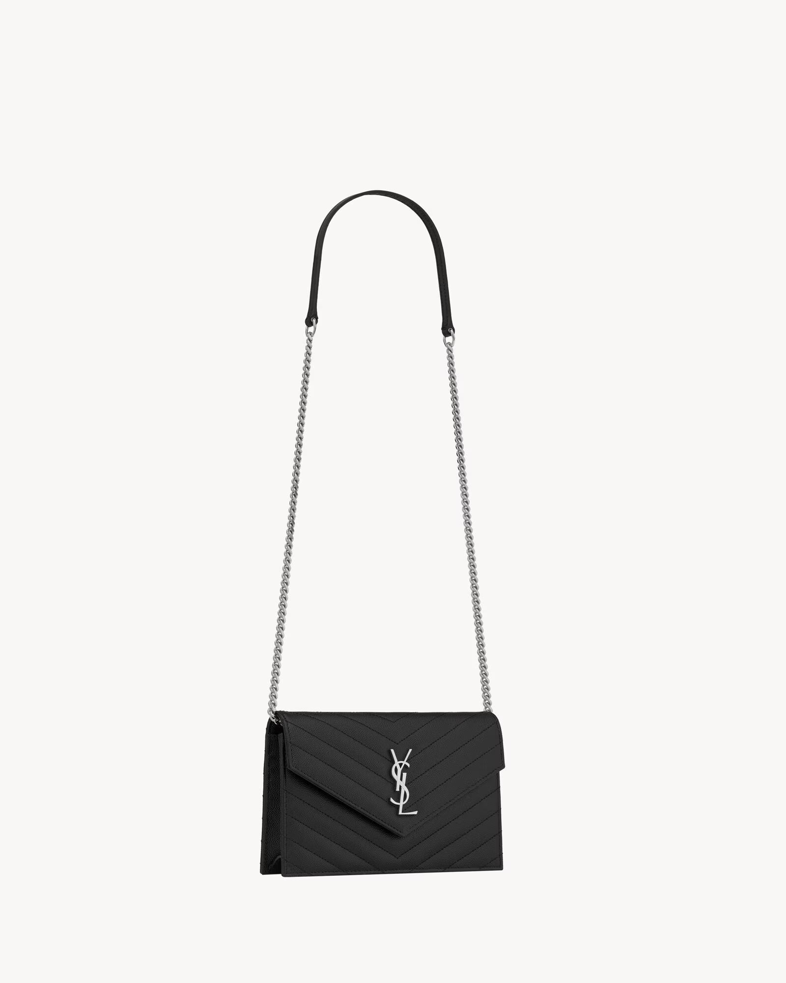 YSL GRAIN DE POUDRE CALFSKIN LEATHER MONOGRAM WALLET ON CHAIN