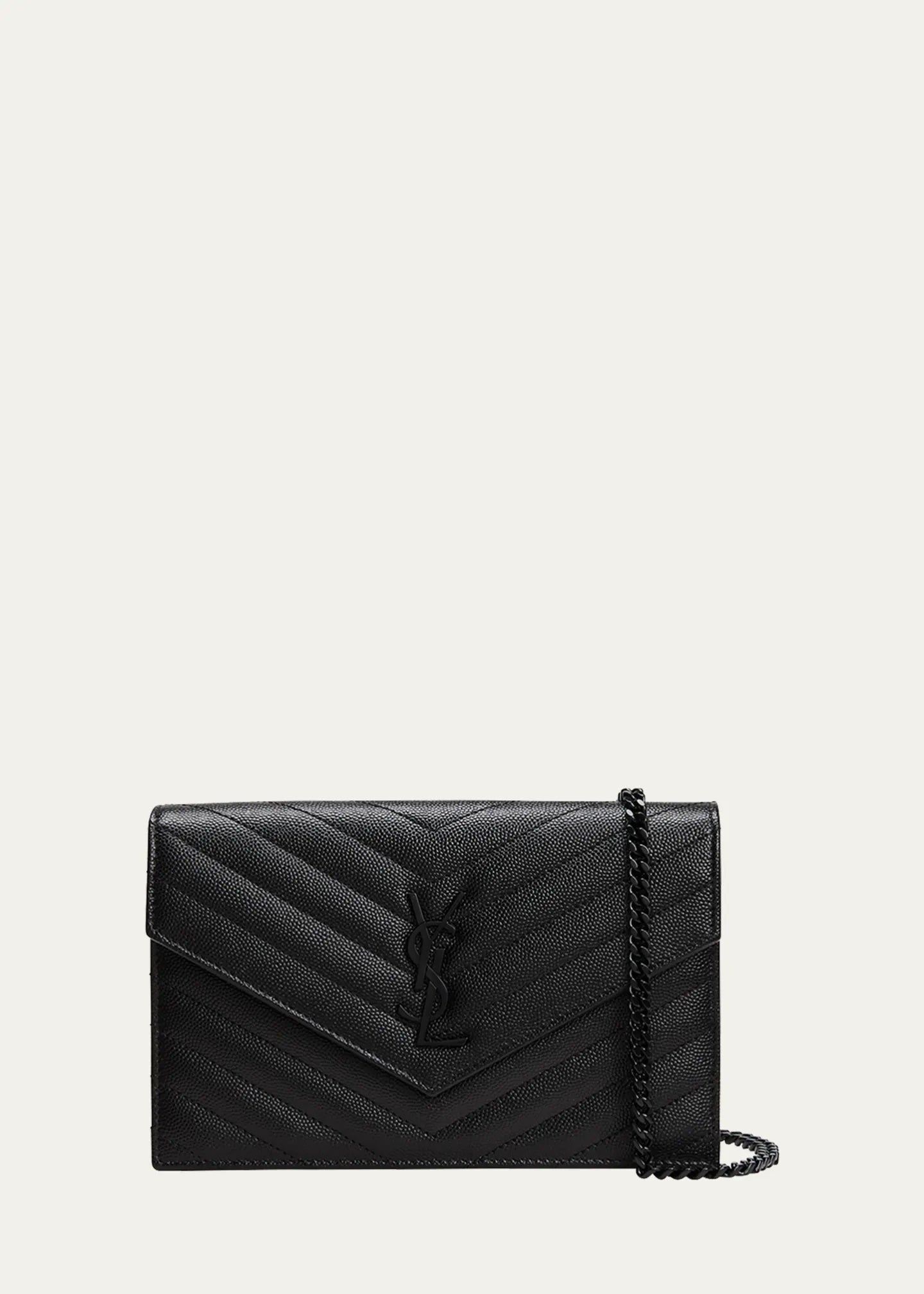 YSL GRAIN DE POUDRE GRAINED LEATHER WALLET ON A CHAIN