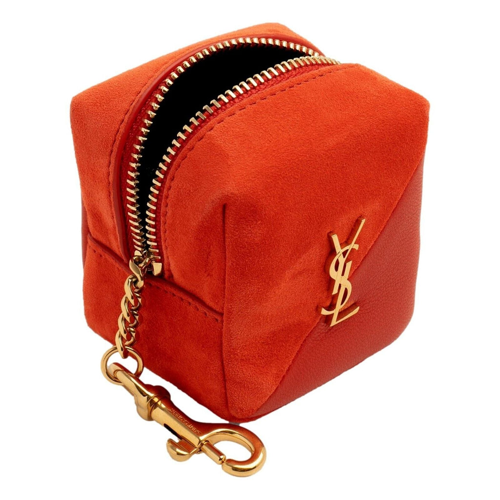 YSL JAMIE CUBE CHARM IN SUEDE AND LAMBSKIN KEYRING POUCH