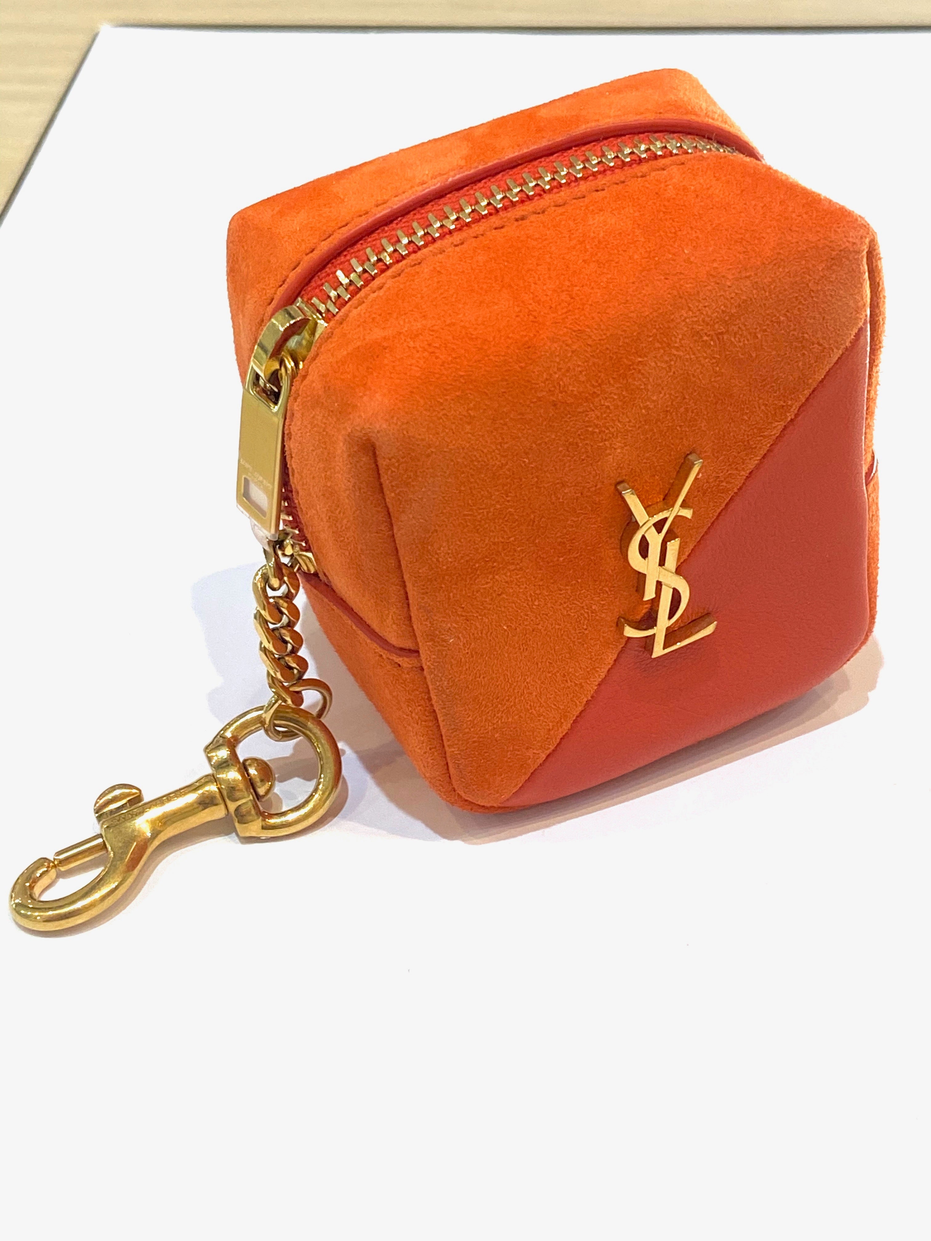 YSL JAMIE CUBE CHARM IN SUEDE AND LAMBSKIN KEYRING POUCH