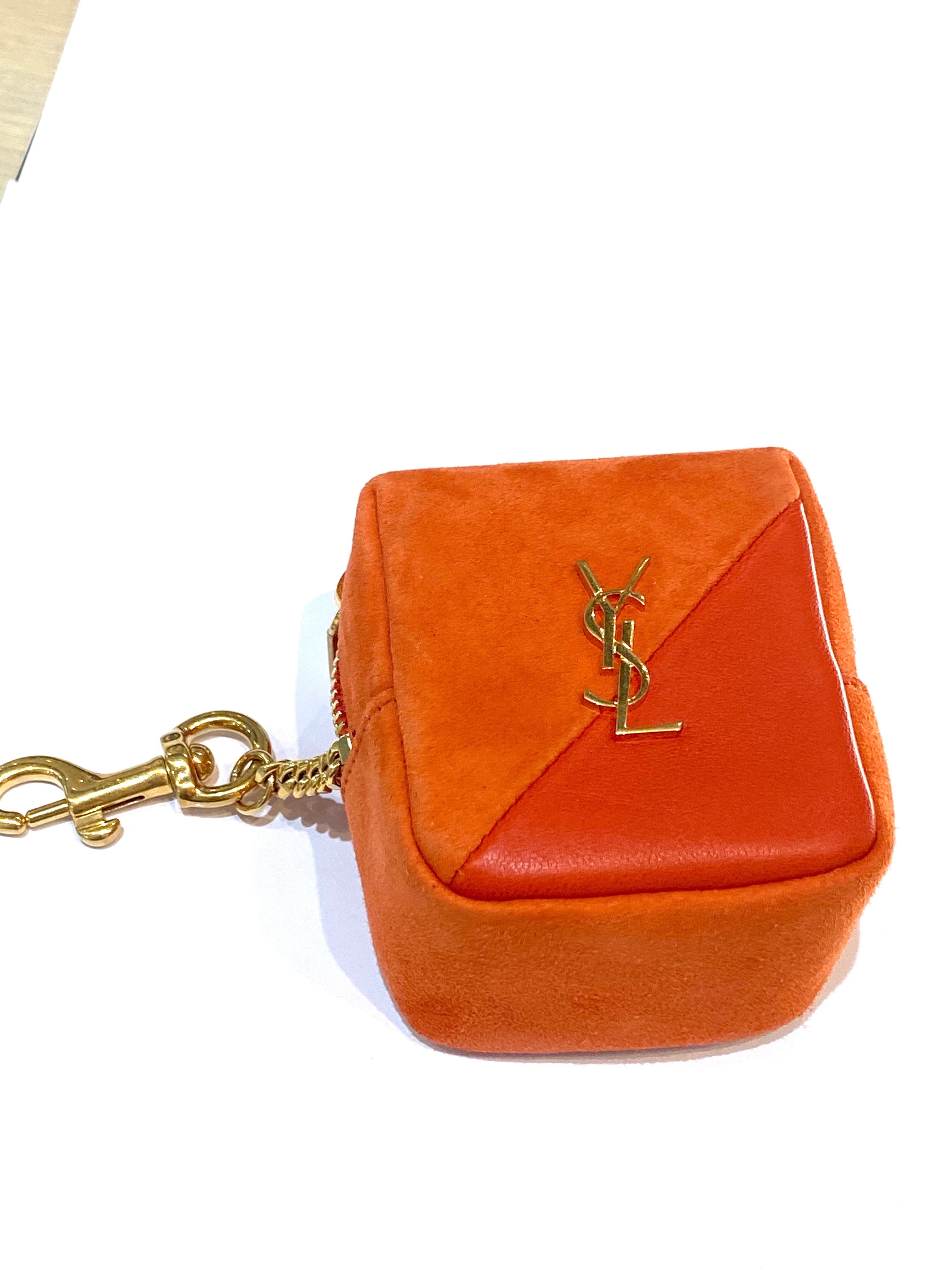 YSL JAMIE CUBE CHARM IN SUEDE AND LAMBSKIN KEYRING POUCH