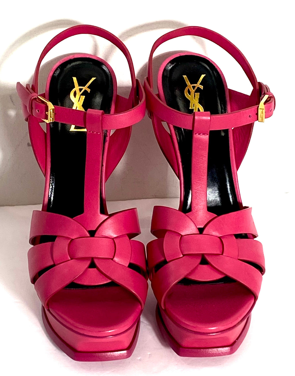 YSL CALFSKIN LEATHER TRIBUTE PLATFORM ANKLE STAP SANDALS
