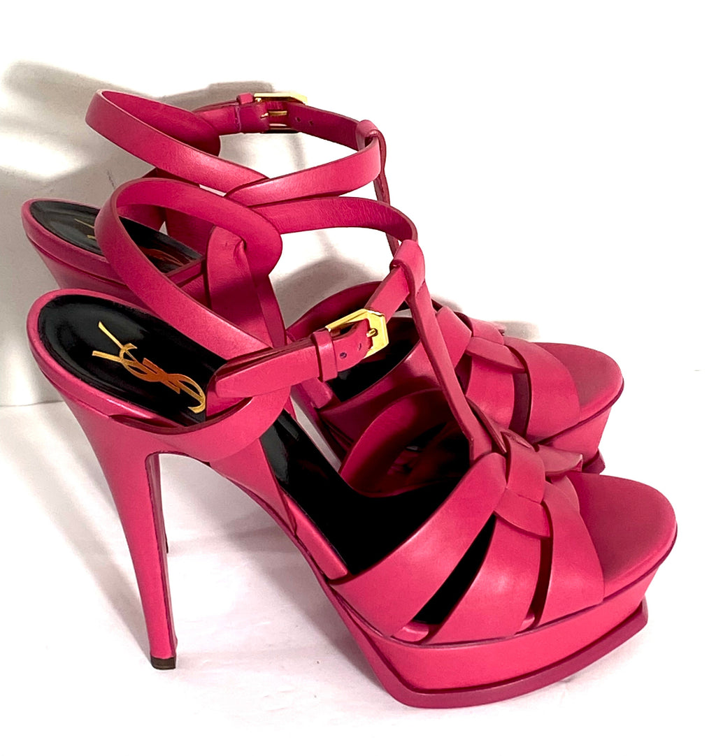 YSL CALFSKIN LEATHER TRIBUTE PLATFORM ANKLE STAP SANDALS