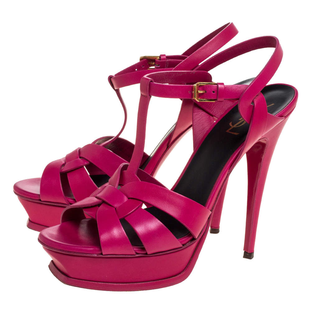 YSL CALFSKIN LEATHER TRIBUTE PLATFORM ANKLE STAP SANDALS