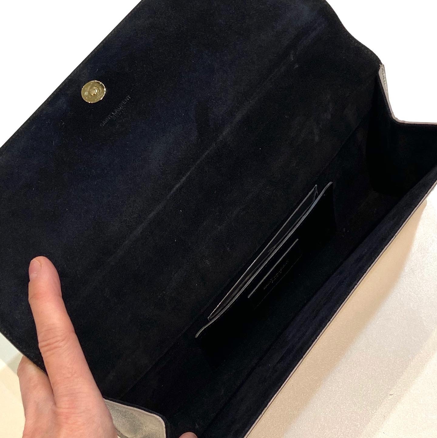 YSL METALLIC CALFSKIN LEATHER MONOGRAM CASSANDRE CLUTCH