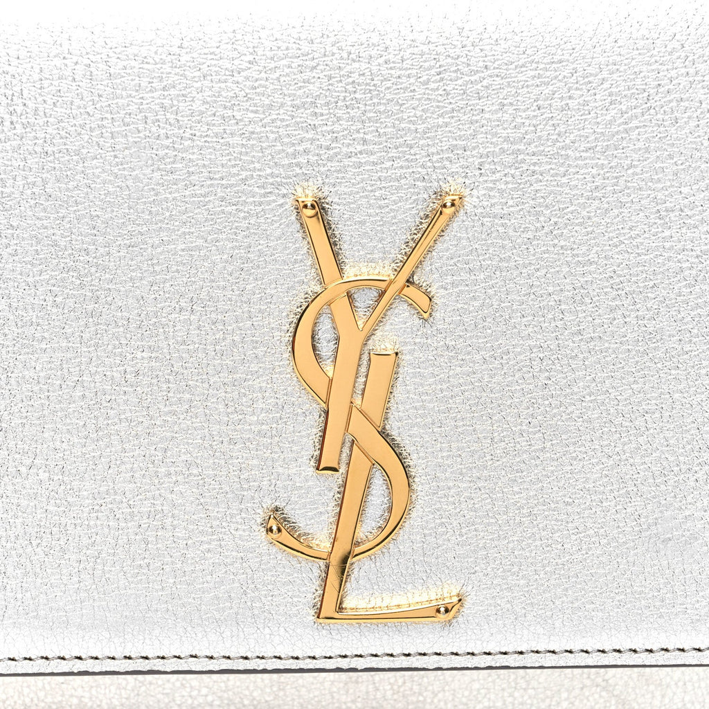 YSL METALLIC CALFSKIN LEATHER MONOGRAM CASSANDRE CLUTCH