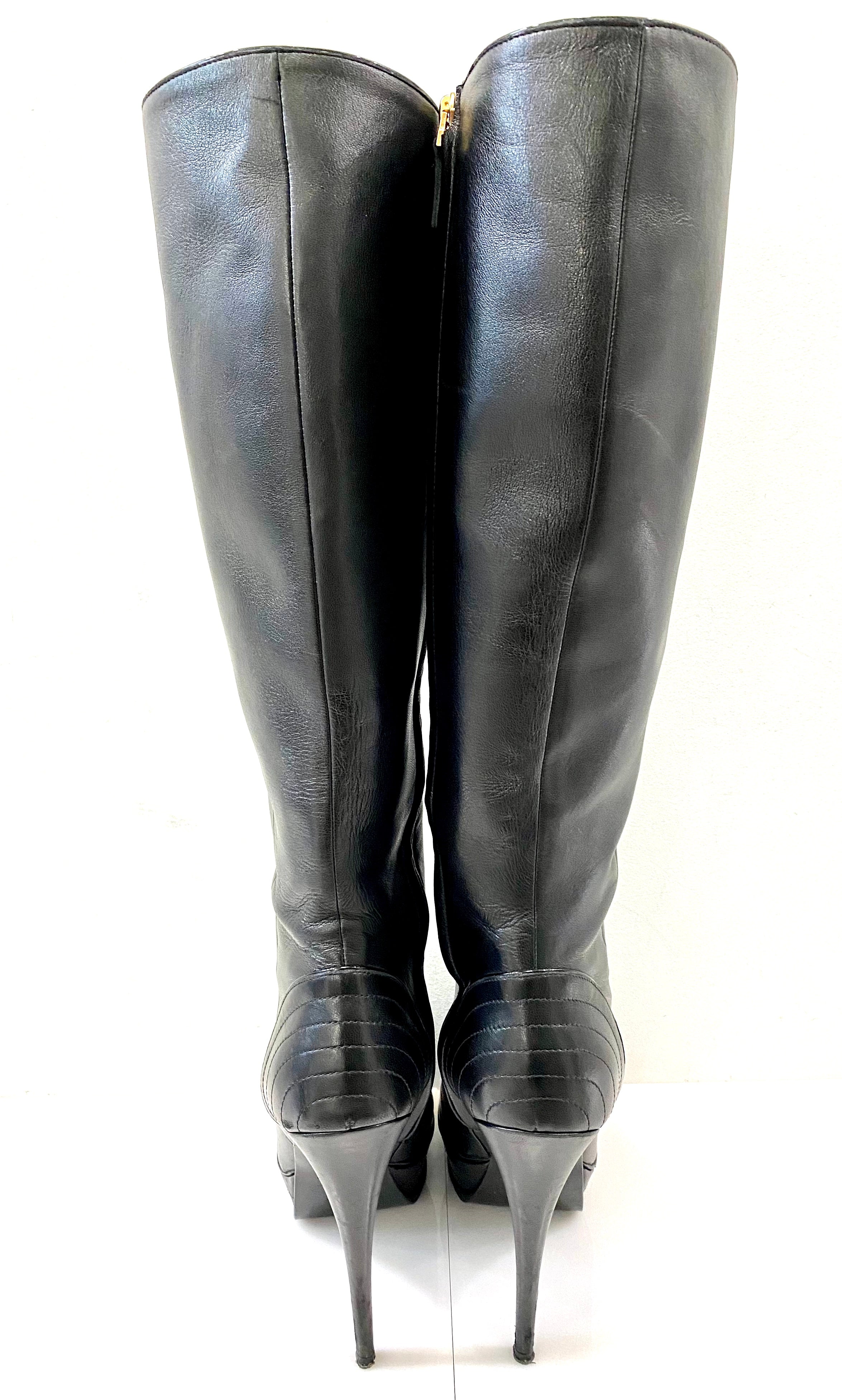 YSL NAPPA LEATHER TRIBUTE 105 PLATFORM KNEE HIGH BOOTS