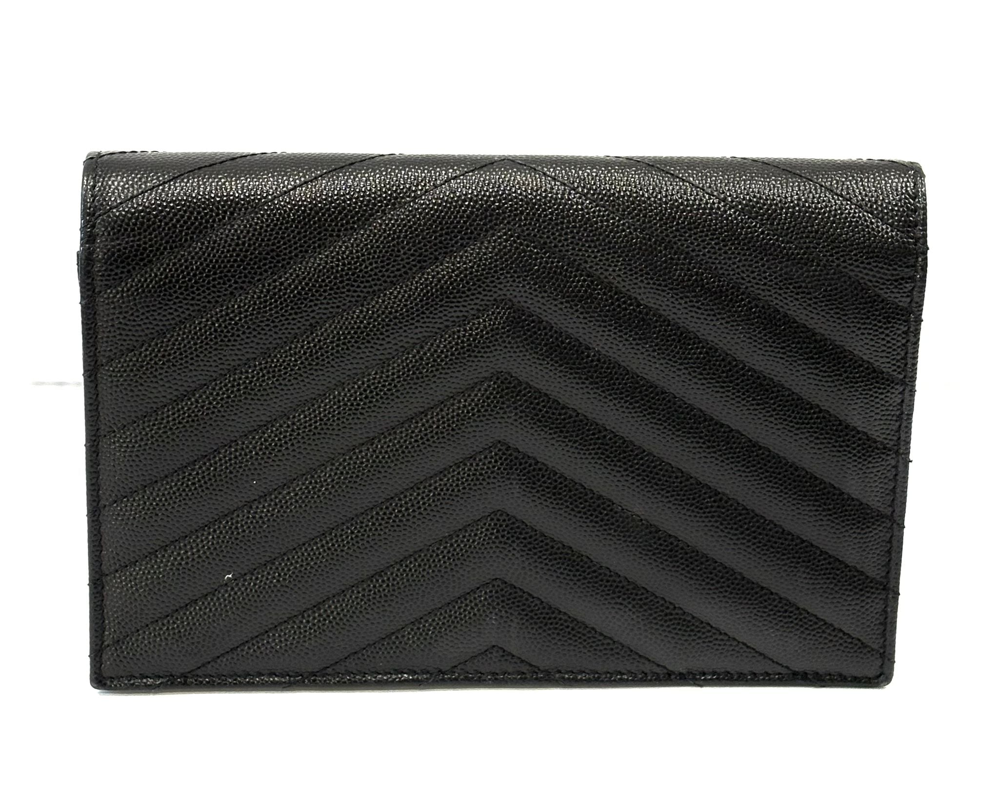 YSL GRAIN DE POUDRE CALFSKIN LEATHER MONOGRAM WALLET ON CHAIN